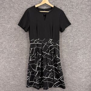 Yathon Dress Women L Large Black Geometric Sheath Midi Short Sleeve Cotton Zip